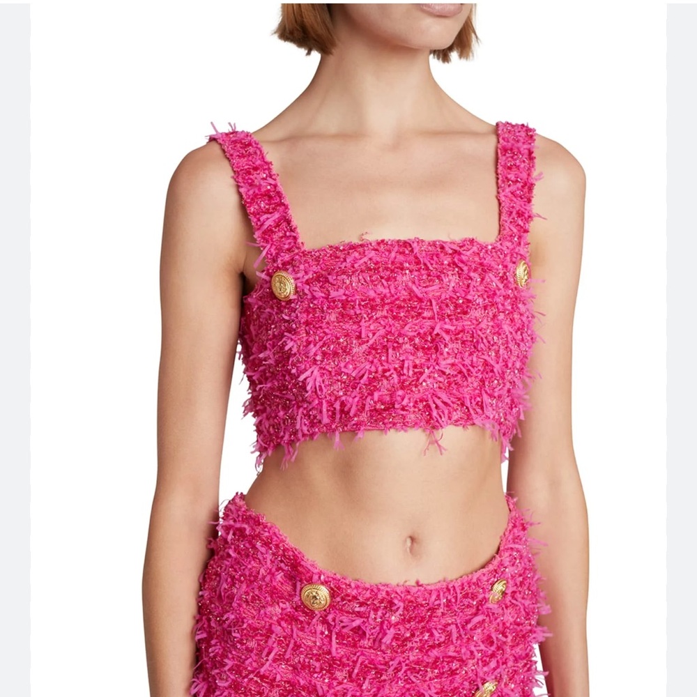 Balmain x Barbie Pink metallic tweed Crop Top with Gold Buttons